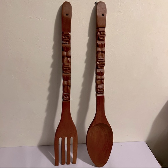 unbranded Accents Vintage Large 28 Carved Wooden Fork And Spoon